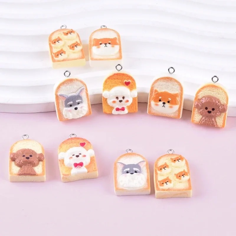 Resin Art Decor - 10Pcs Cute Toast Dog Resin Pendants